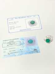 Platinum emerald and diamond ring in silver/green