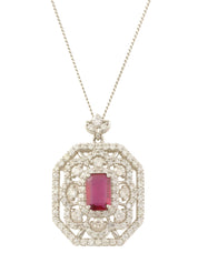 Platinum Ruby Diamond Flower Design Necklace in Silver/Cherry Red