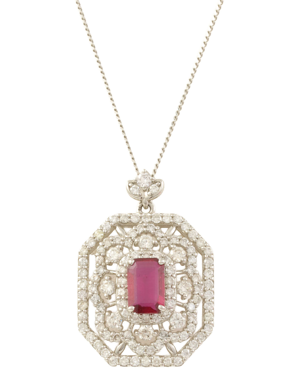 Platinum Ruby Diamond Flower Design Necklace in Silver/Cherry Red