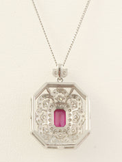 Platinum Ruby Diamond Flower Design Necklace in Silver/Cherry Red