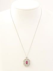 Platinum Ruby Diamond Flower Design Necklace in Silver/Cherry Red