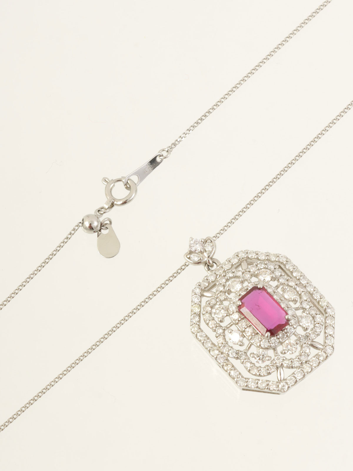 Platinum Ruby Diamond Flower Design Necklace in Silver/Cherry Red