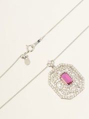 Platinum Ruby Diamond Flower Design Necklace in Silver/Cherry Red