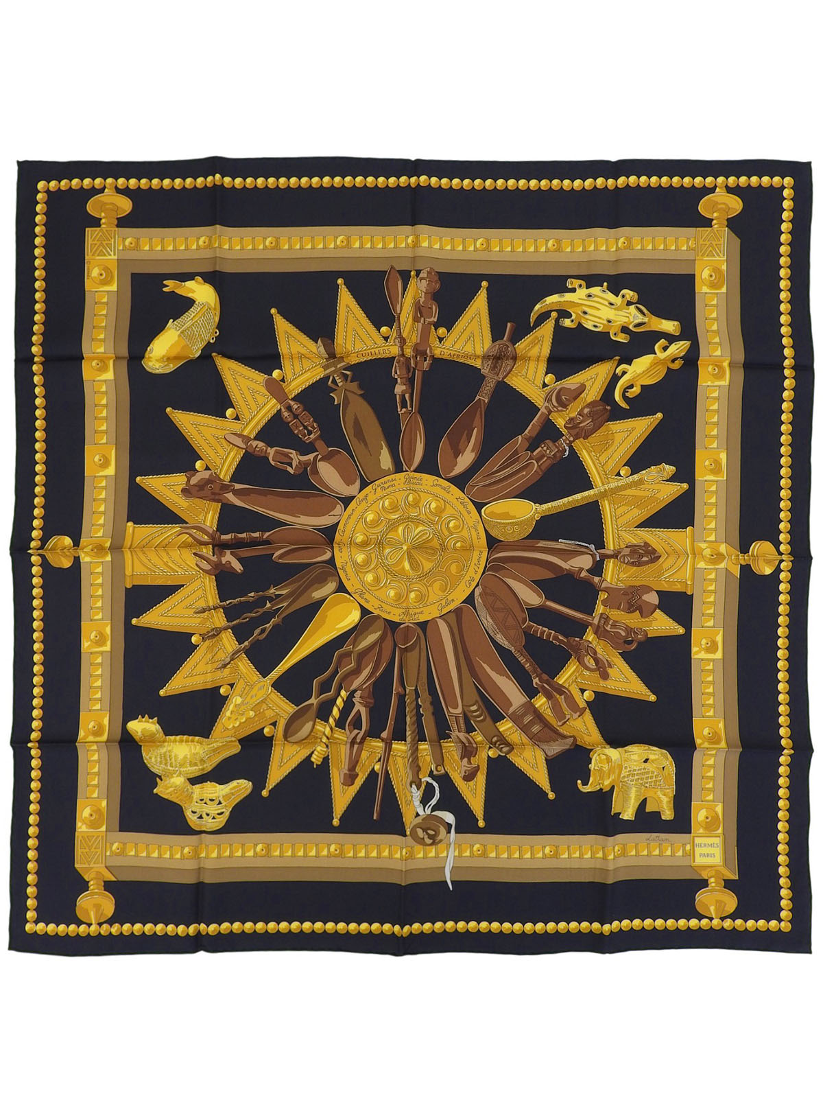 Carré 90 Cuillers Dafrique Pattern Scarf Black/Gold