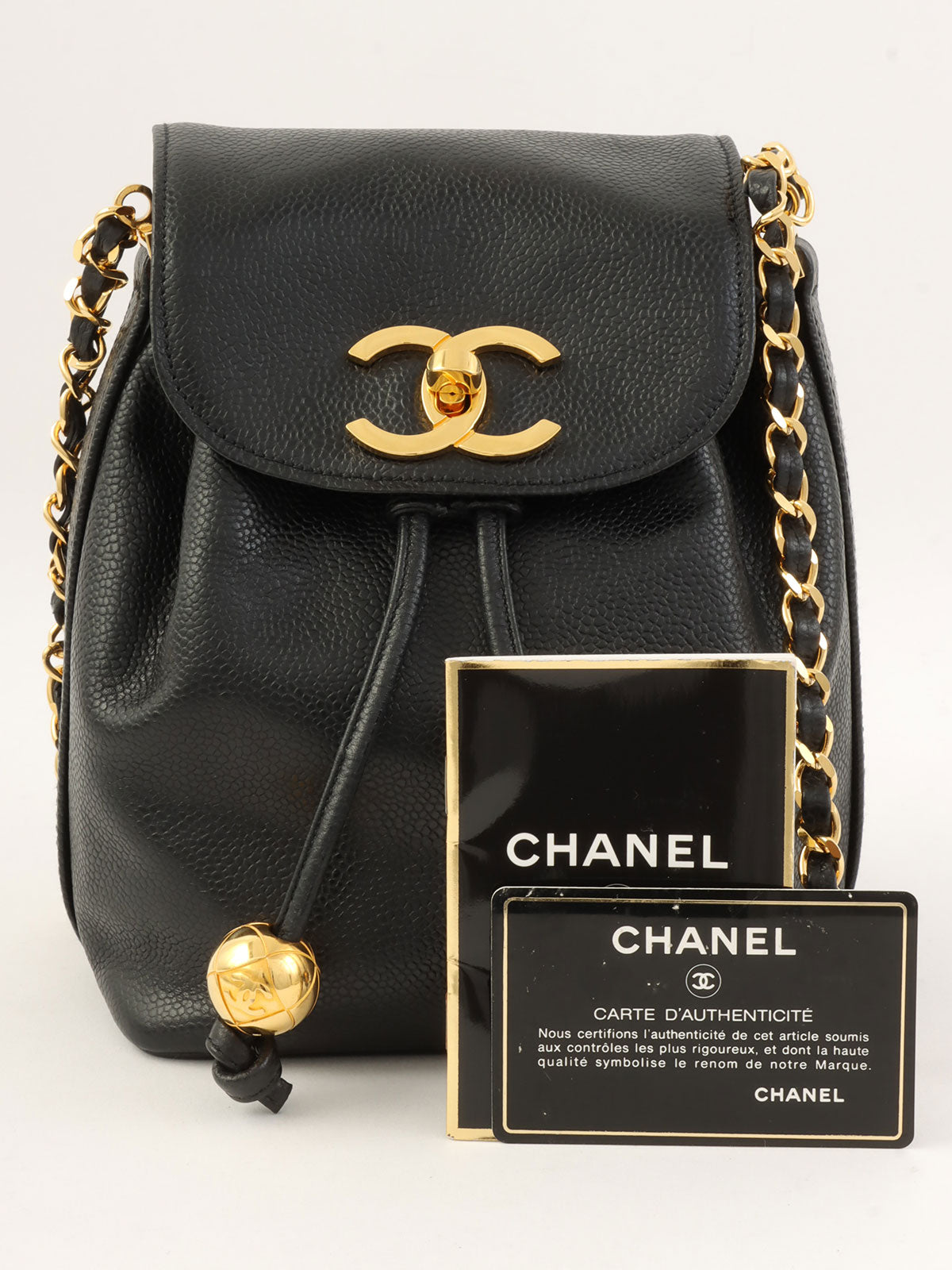 1992年頃製 キャビアスキンCCターンロック巾着ショルダーバッグ ブラック