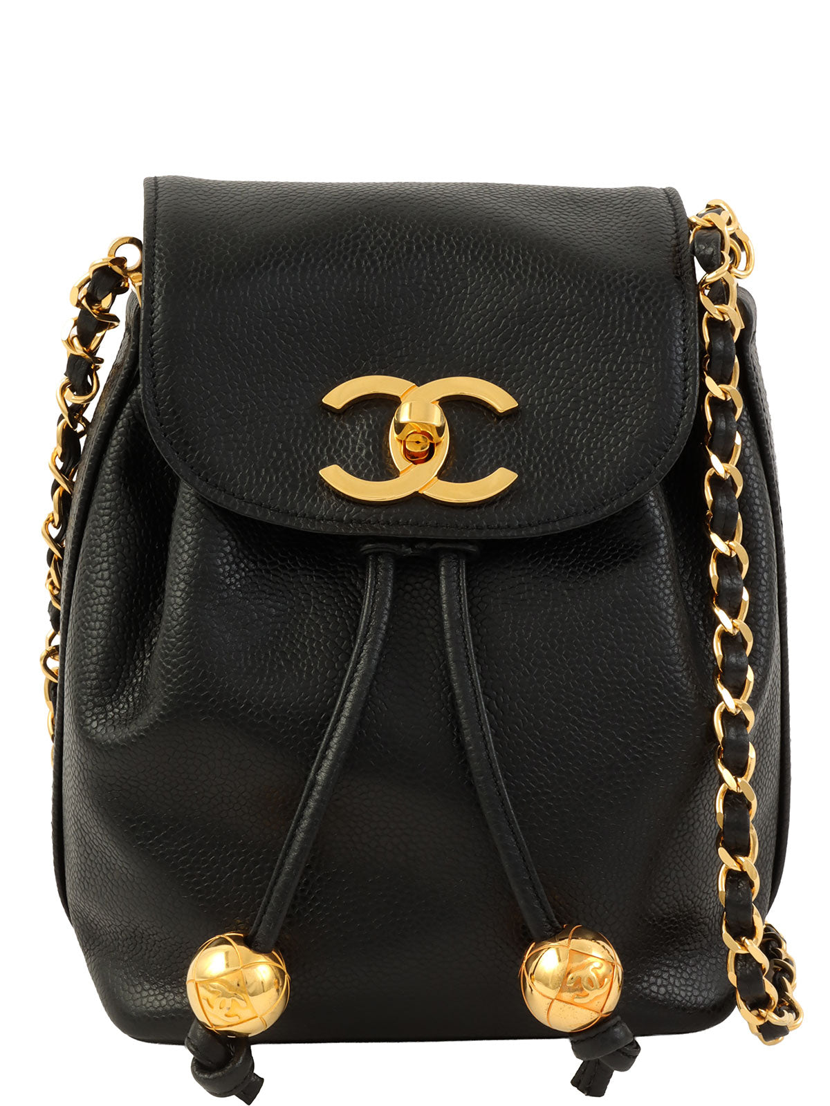 1992年頃製 キャビアスキンCCターンロック巾着ショルダーバッグ ブラック