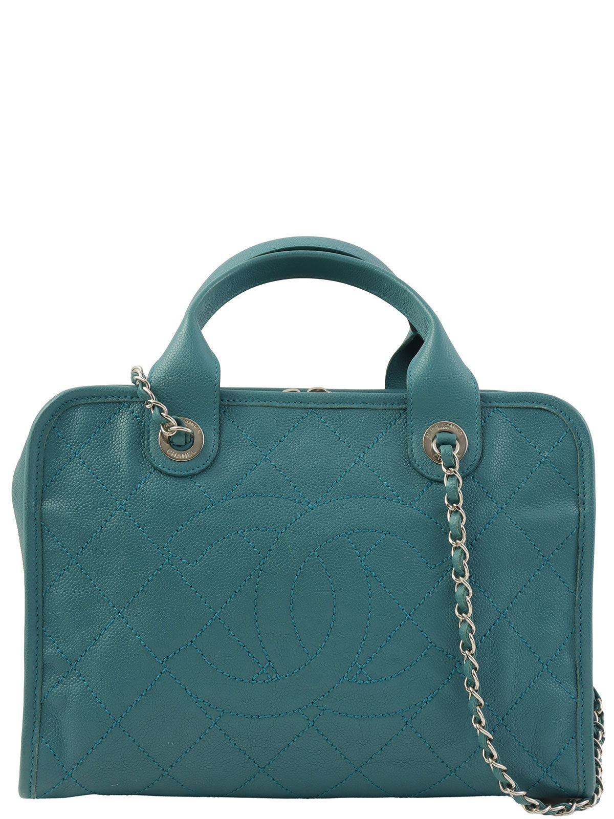 2016年頃製 キャビアスキンCCマークステッチ2wayハンドバッグ ブルー