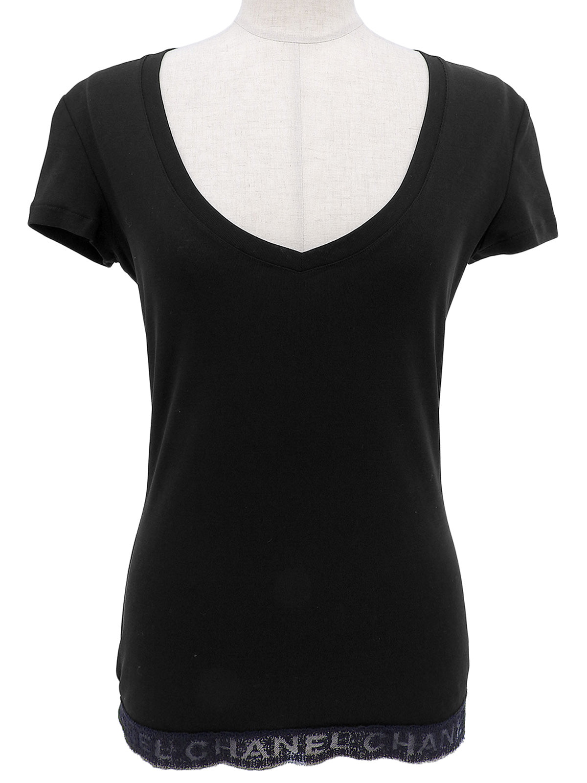 ロゴレースVネック半袖トップス ブラック