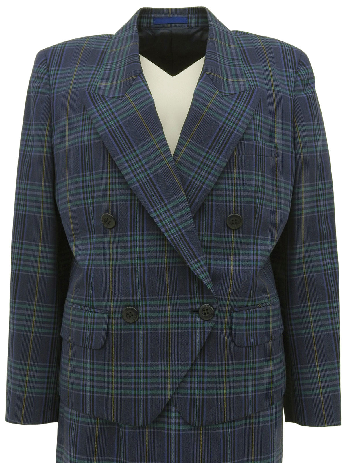 Logo Button Wool Check Pattern Set Up in Navy/Green