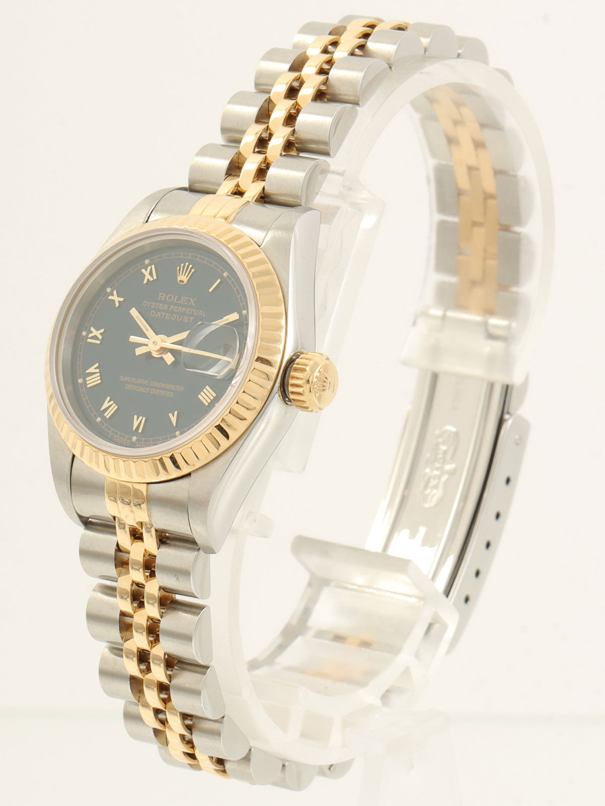 约1993年蚝式恒动日历型腕表，银/金/海军蓝配色。