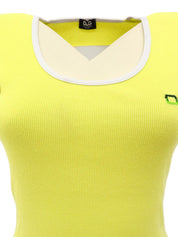ロゴ刺繍トリムラインリブハーフスリーブトップス イエロー