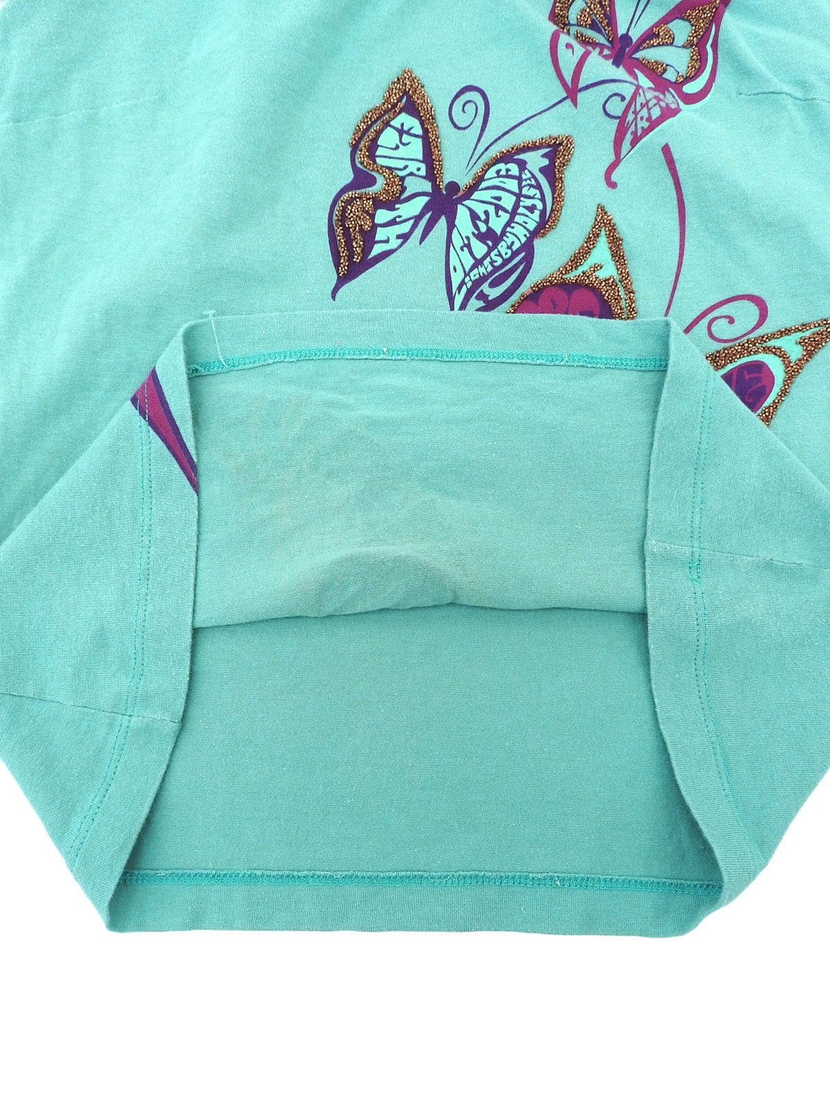 ビジューバタフライデザイン半袖トップス ターコイズブルー