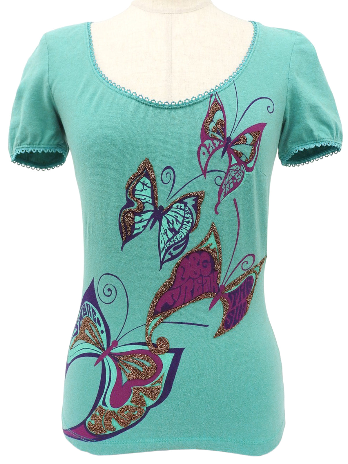 ビジューバタフライデザインハーフスリーブトップス ターコイズブルー