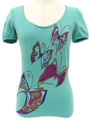 ビジューバタフライデザインハーフスリーブトップス ターコイズブルー