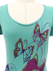 ビジューバタフライデザインハーフスリーブトップス ターコイズブルー