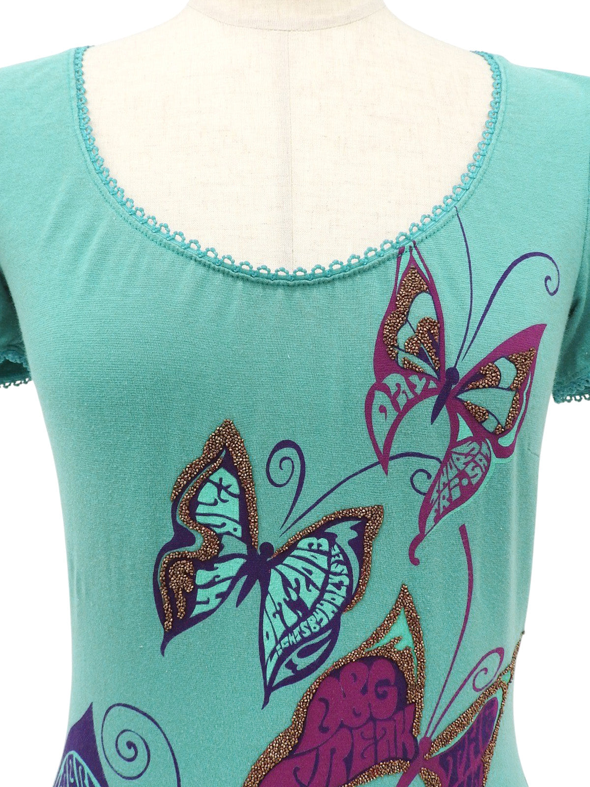 ビジューバタフライデザイン半袖トップス ターコイズブルー