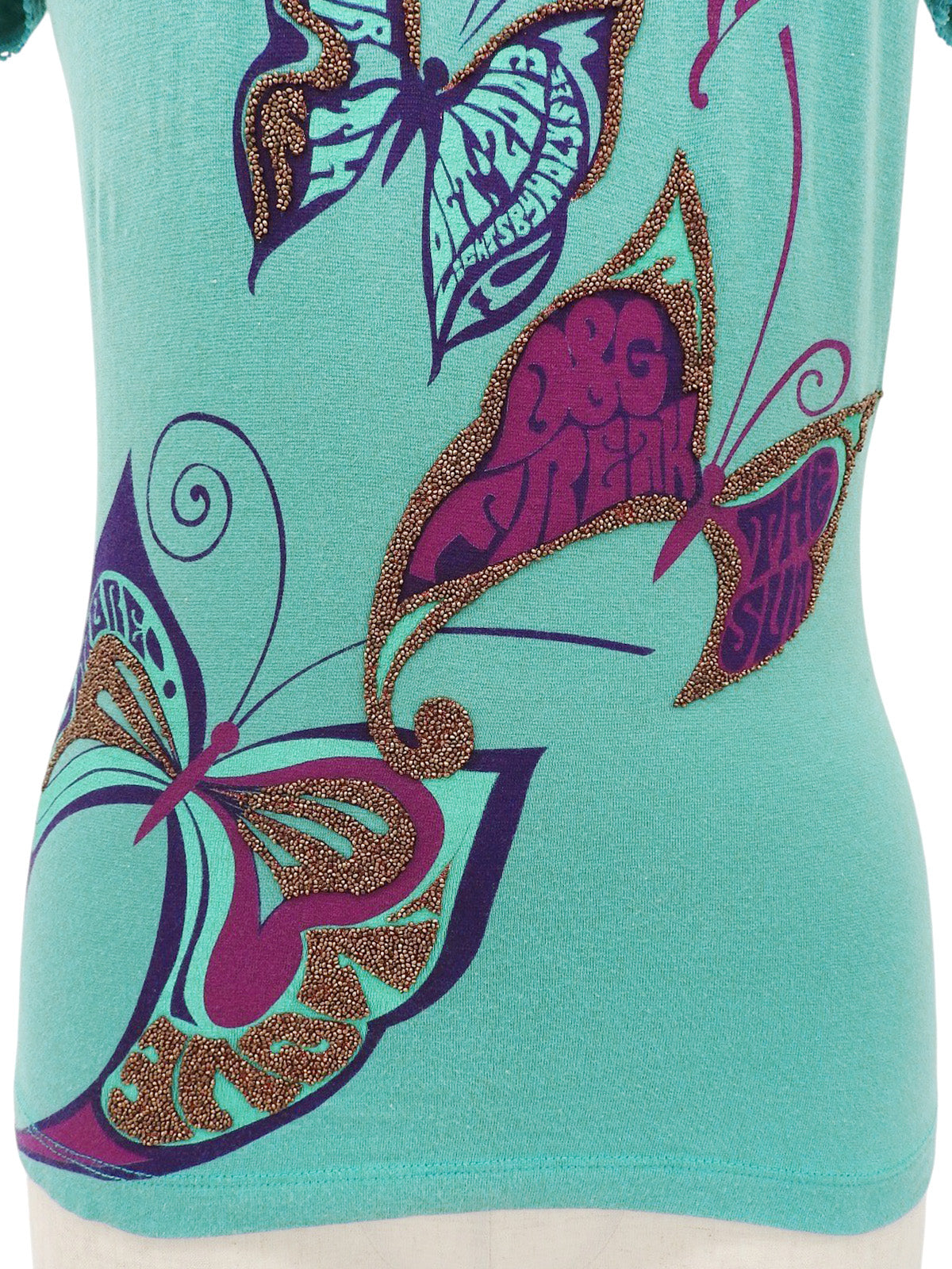 ビジューバタフライデザイン半袖トップス ターコイズブルー