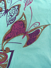 ビジューバタフライデザイン半袖トップス ターコイズブルー