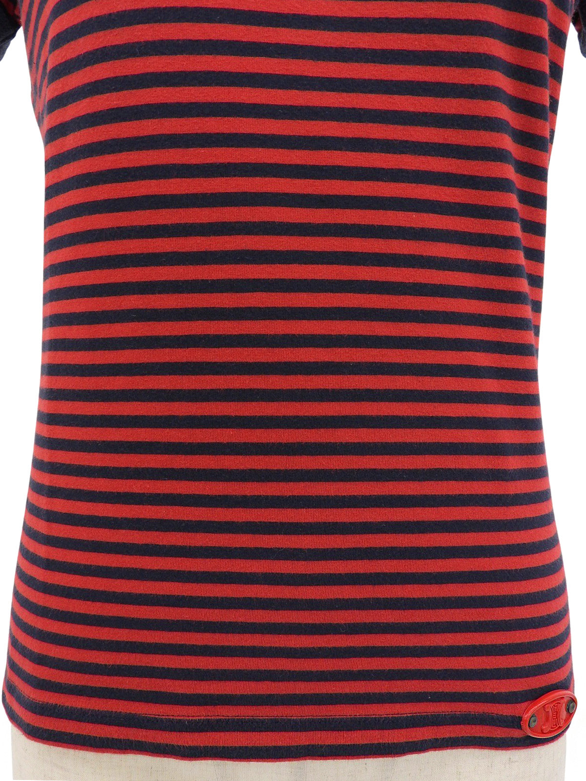 Cotton Border Pattern Short-Sleeve Top #M Red/Navy