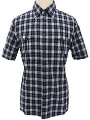 Check pattern logo embroidered short sleeve shirt in gray/navy/white