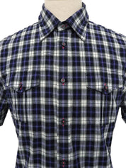 Check pattern logo embroidered half sleeve shirt in gray/navy/white