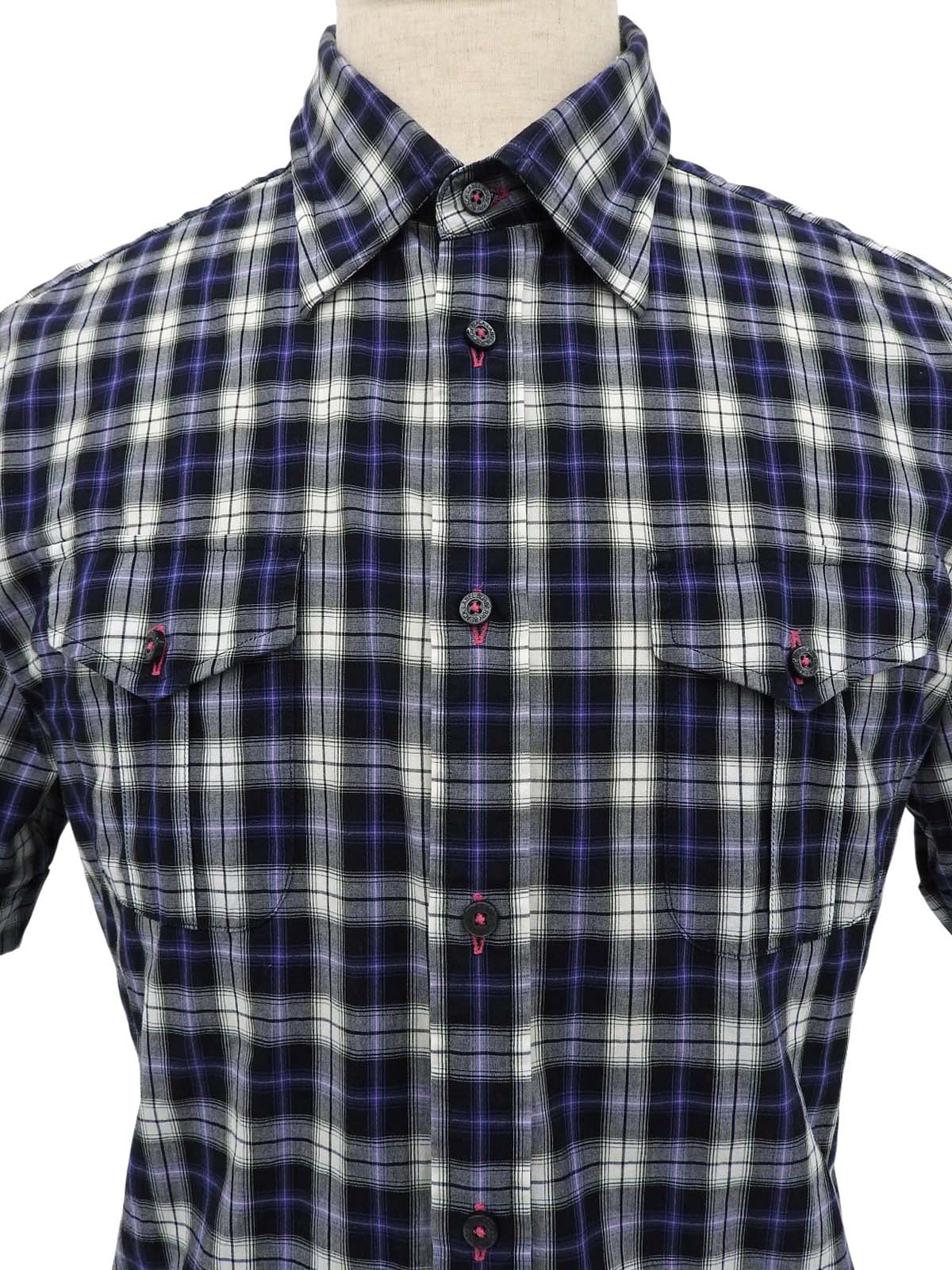 Check pattern logo embroidered short sleeve shirt in gray/navy/white