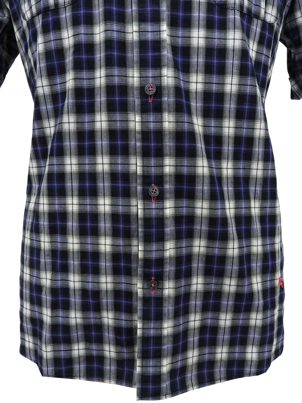 Check pattern logo embroidered half sleeve shirt in gray/navy/white