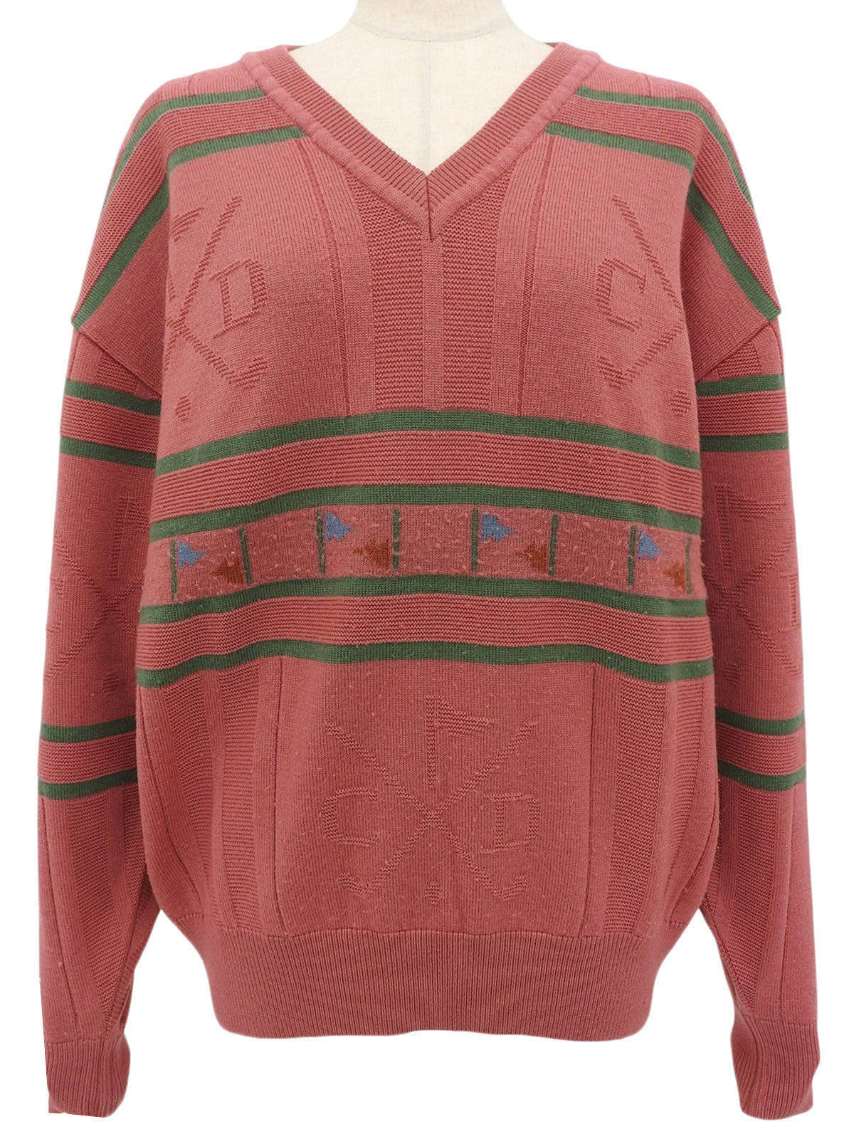 ウールロゴVネックニットトップス ピンク/グリーン