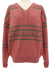 ウールロゴVネックニットトップス ピンク/グリーン