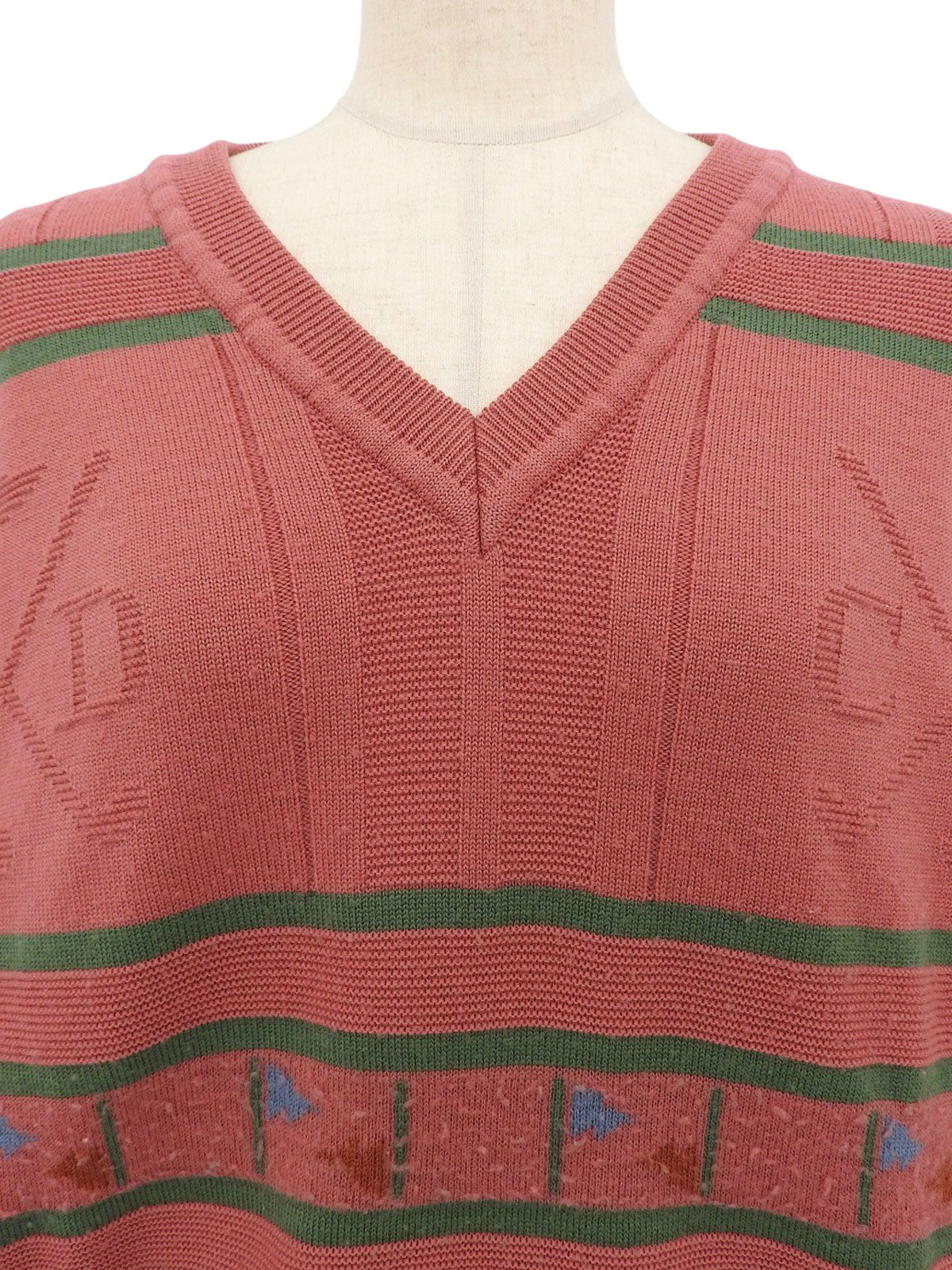 ウールロゴVネックニットトップス ピンク/グリーン