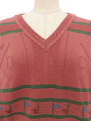 ウールロゴVネックニットトップス ピンク/グリーン