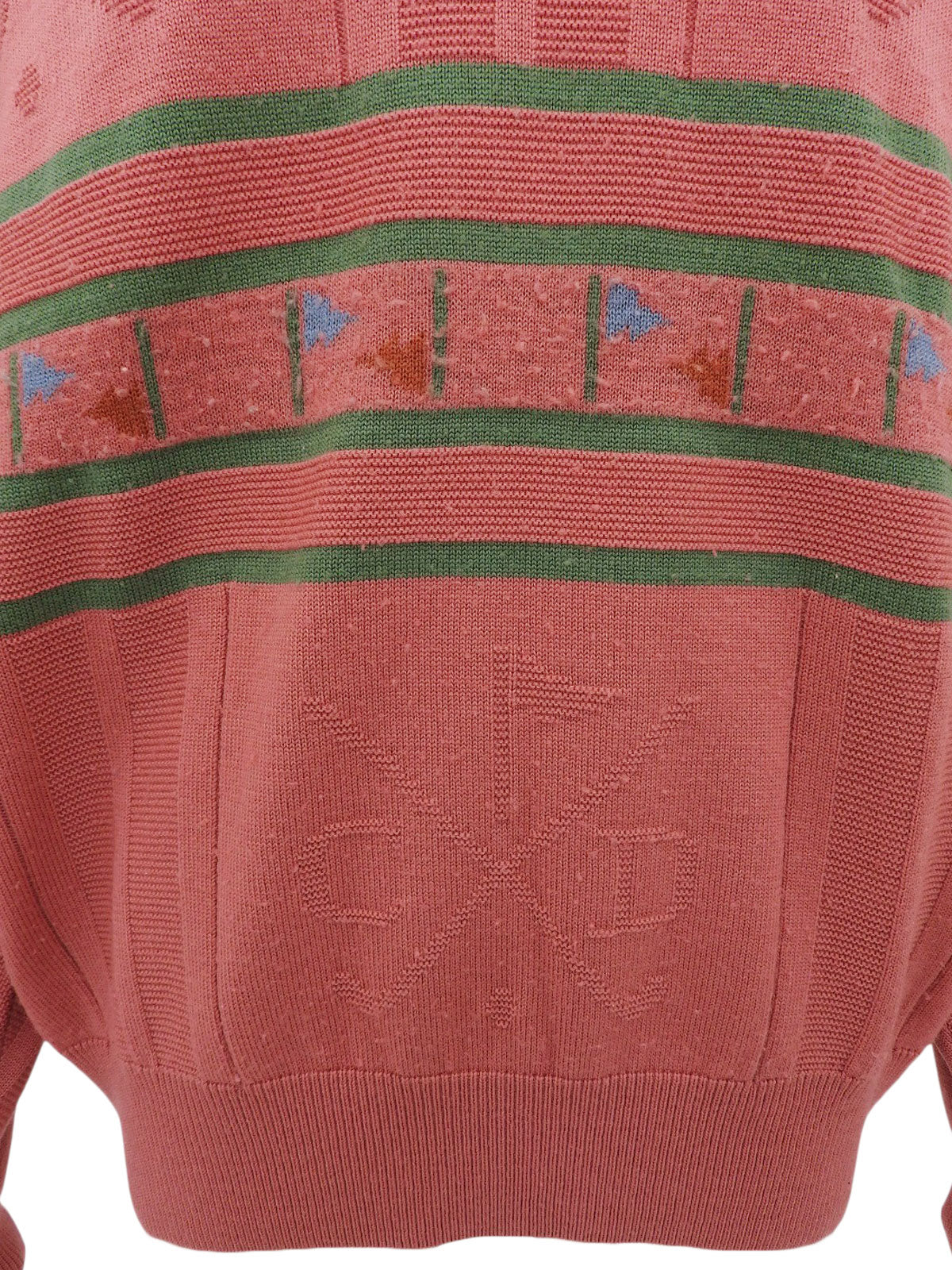 ウールロゴVネックニットトップス ピンク/グリーン