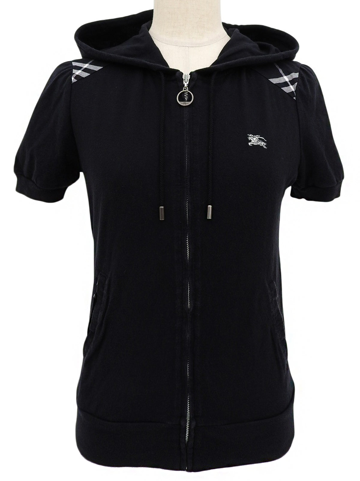 Logo Embroidered Zip-Up Half Sleeve Hoodie in Black