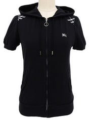 Logo Embroidered Zip-Up Half Sleeve Hoodie in Black