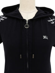 Logo Embroidered Zip-Up Half Sleeve Hoodie in Black