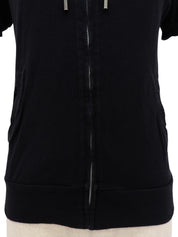 Logo Embroidered Zip-Up Half Sleeve Hoodie in Black