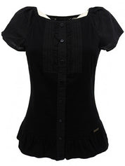 Logo Plate Frill Half Sleeve Top in Black