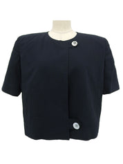 海军蓝贝壳纽扣短袖无领外套