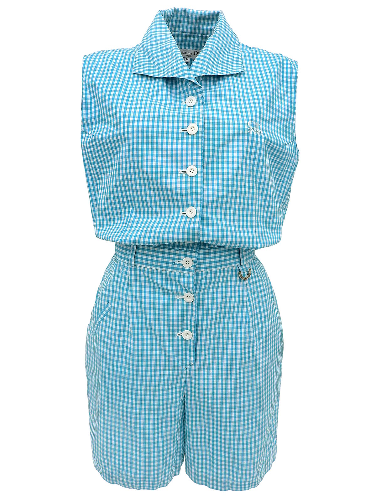 浅蓝色格纹图案刺绣Logo连体裤