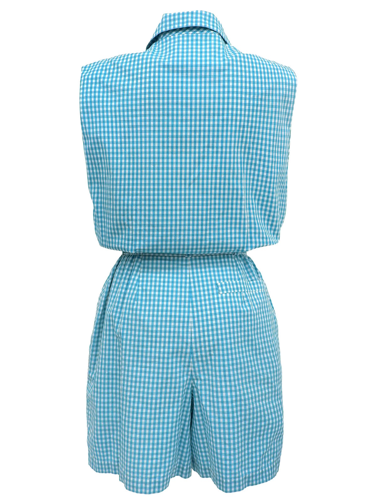 ギンガムチェックパターンロゴ刺繍オールインワン ライトブルー
