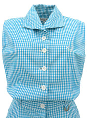 ギンガムチェックパターンロゴ刺繍オールインワン ライトブルー