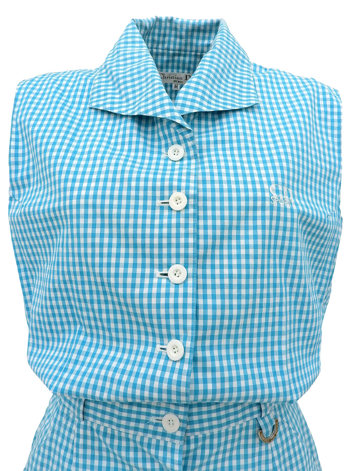 ギンガムチェックパターンロゴ刺繍オールインワン ライトブルー