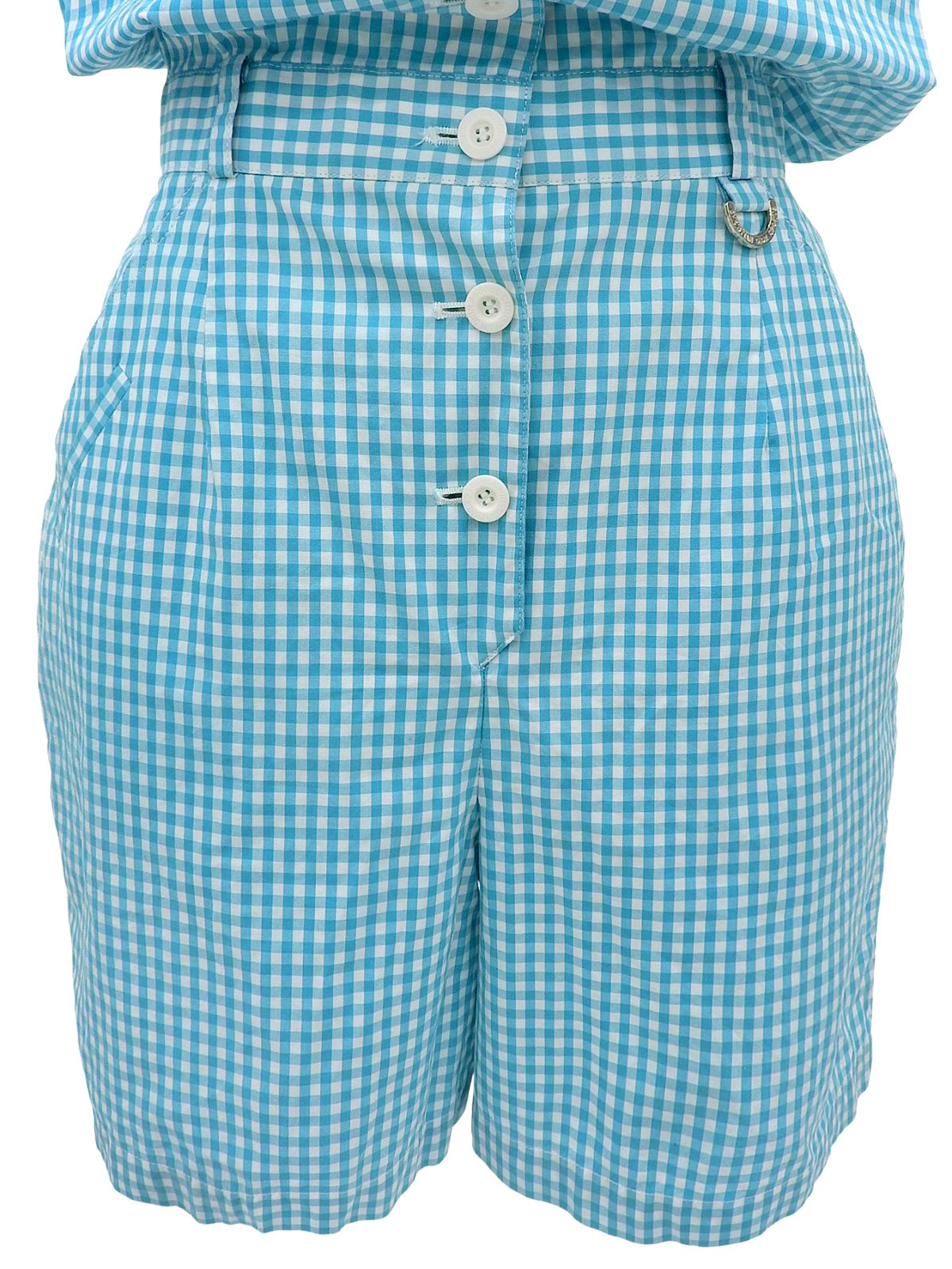 ギンガムチェックパターンロゴ刺繍オールインワン ライトブルー