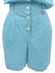 ギンガムチェックパターンロゴ刺繍オールインワン ライトブルー