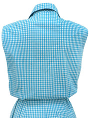 浅蓝色格纹图案刺绣Logo连体裤