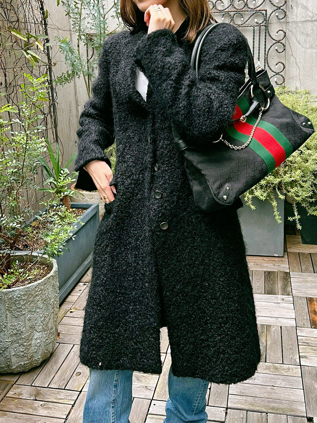 Logo Button Long Coat in Black