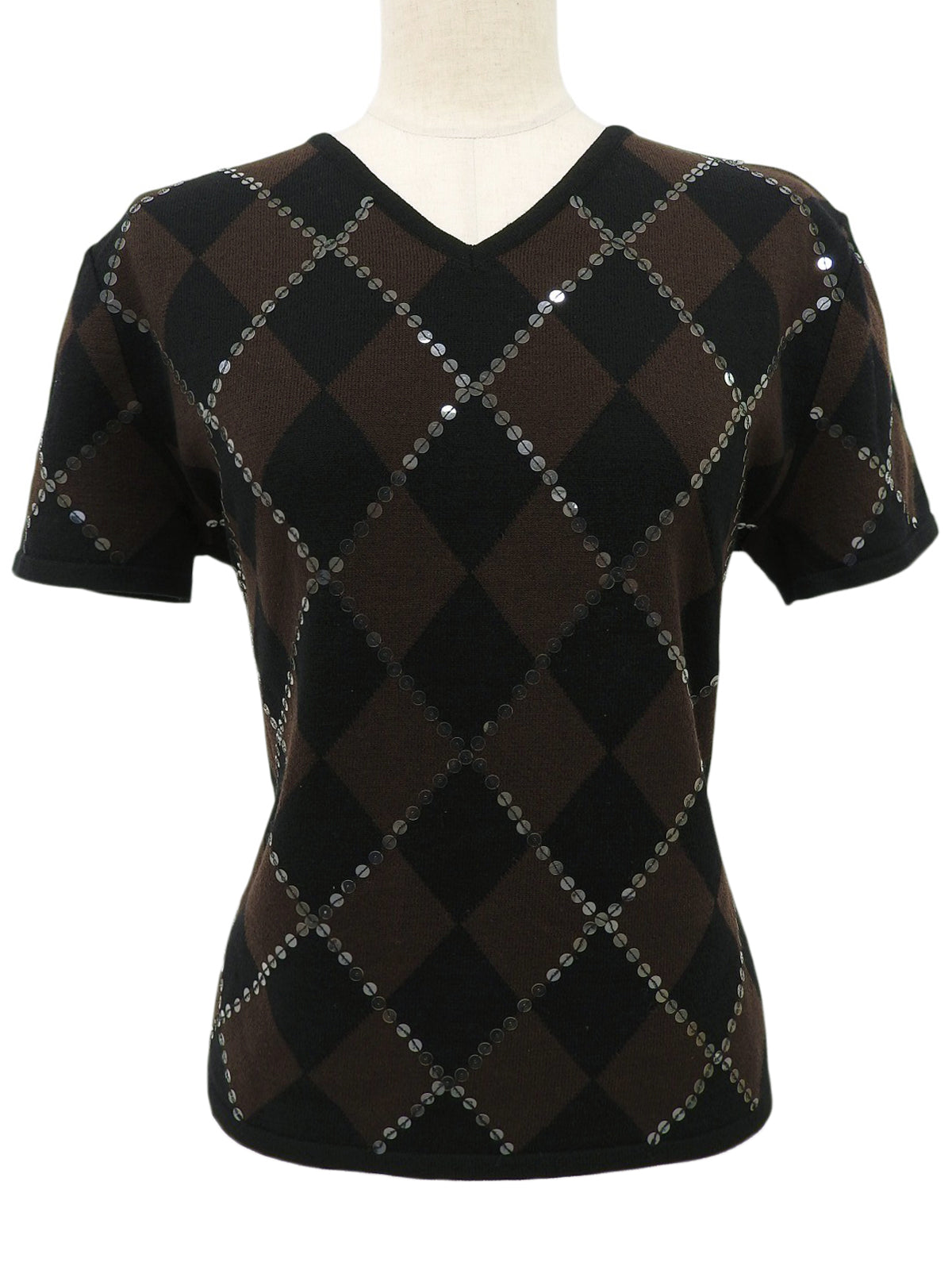 スパンコールアーガイルパターン半袖ニットトップス ブラウン/ブラック