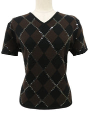 スパンコールアーガイルパターン半袖ニットトップス ブラウン/ブラック