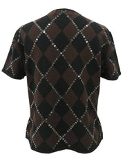 スパンコールアーガイルパターンハーフスリーブニットトップス　ブラウン/ブラック