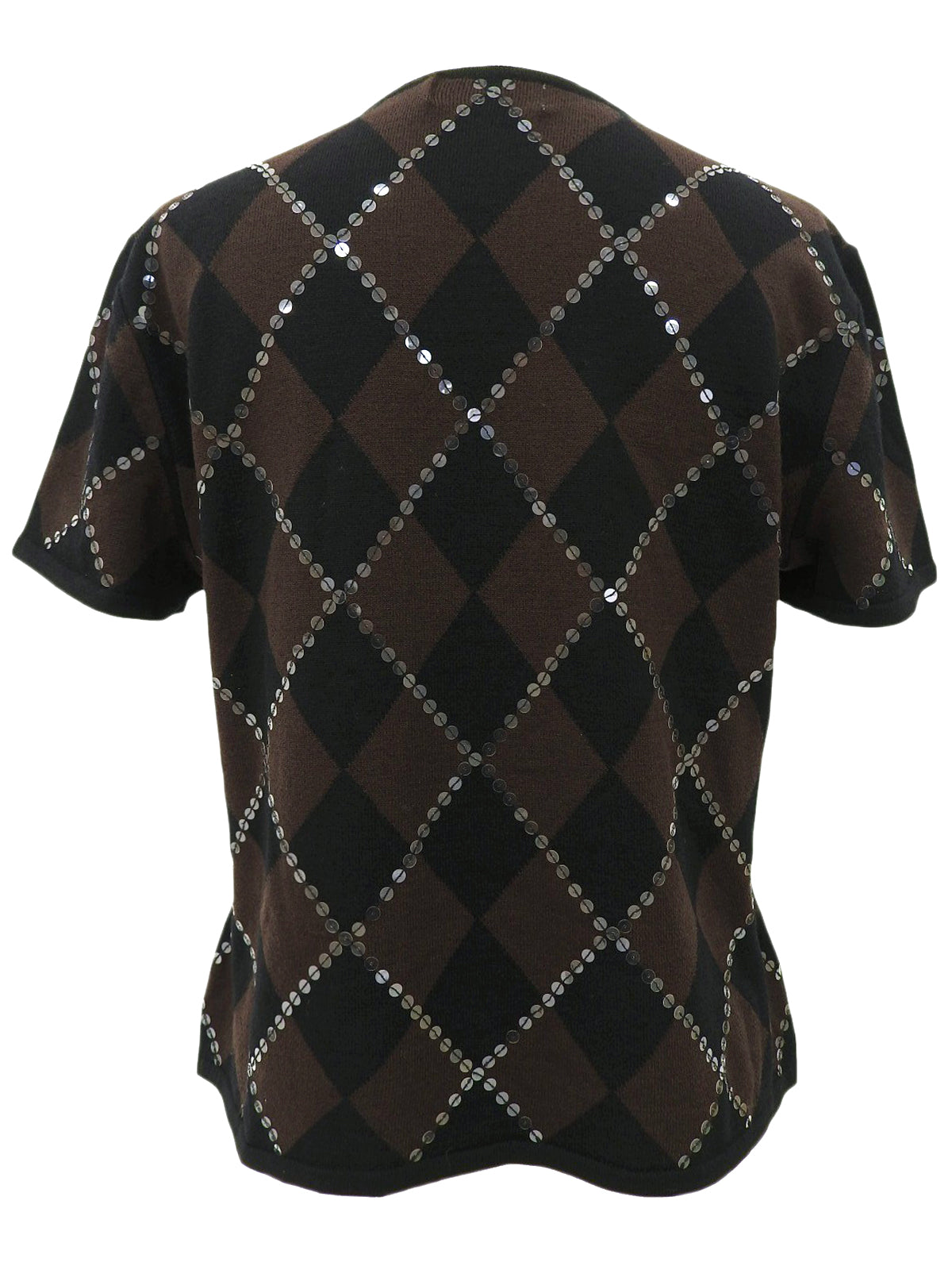 スパンコールアーガイルパターン半袖ニットトップス ブラウン/ブラック